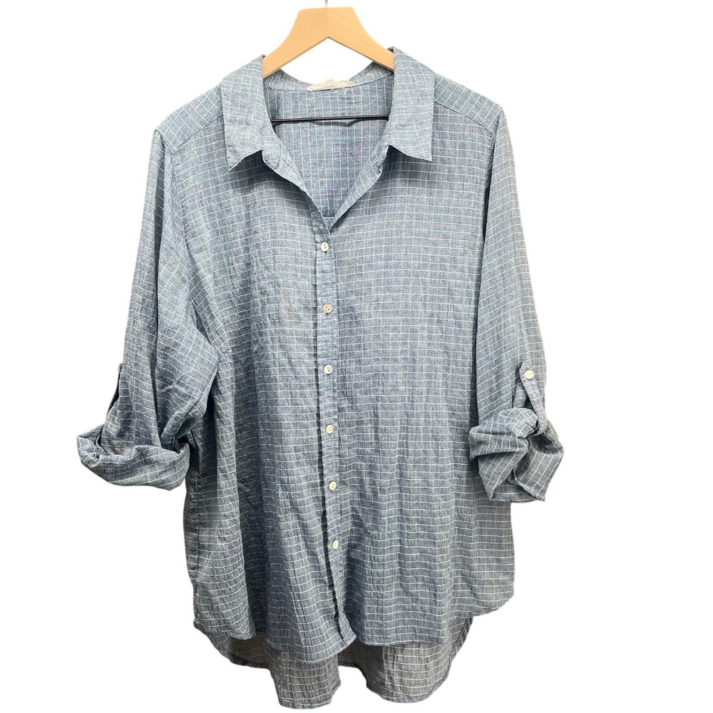 Jane + Delancey Button Up Shirt Womens 1X Blue Stripe Roll Tab Sleeve Casual